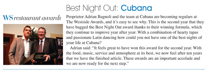 Cubana wins Best Night Out at Westside Awards 2010